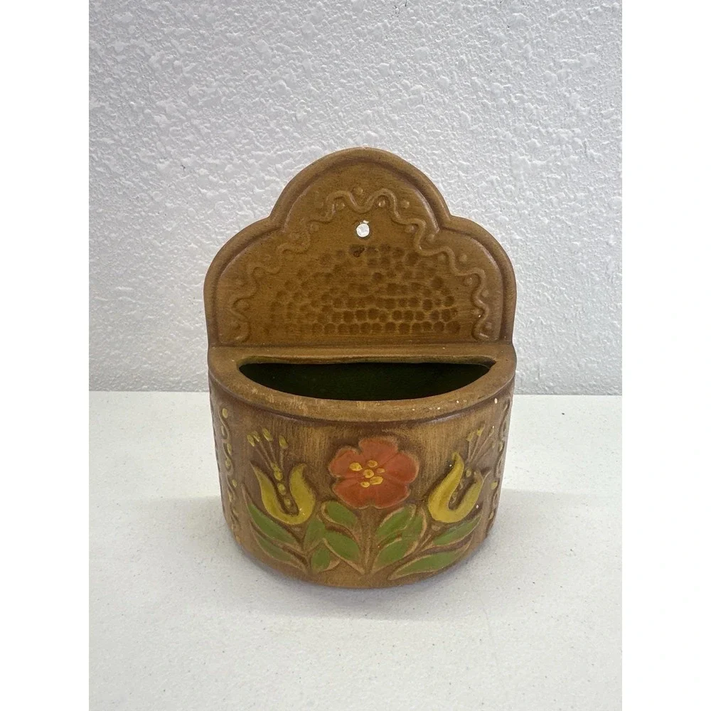 VTG Maurice Of California KW310 Floral Wall Pocket Planter Faux Wood Folk Art